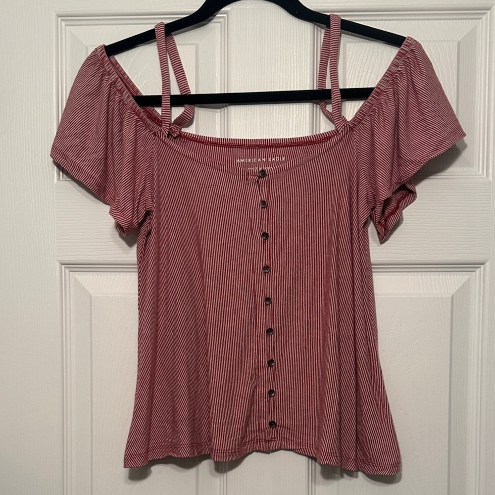 American Eagle Outfitters Soft & Sexy Red & White Off-Shoulder Blouse